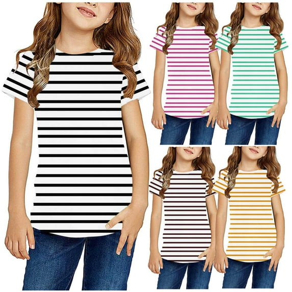 Jinhomg Short Sleeve Striped T-shirts for Kids, Toddler Boys Girls Casual Round Neck Tee Tops, Lightweight Comfy Summer Basic Tees Brown 13-14 Years