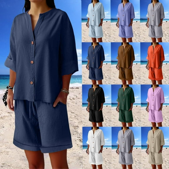Jinhomg Shorts Sets Women 2 Piece Outfits Cotton Linen Short Sleeve Shorts Lounge Wear Buttons Down V Neck Tracksuits Brown,S