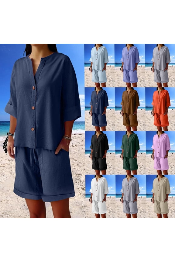Shorts Sets Women 2 Piece Outfits Cotton Linen Short Sleeve Shorts Lounge Wear Buttons Down V Neck Tracksuits Brown,S