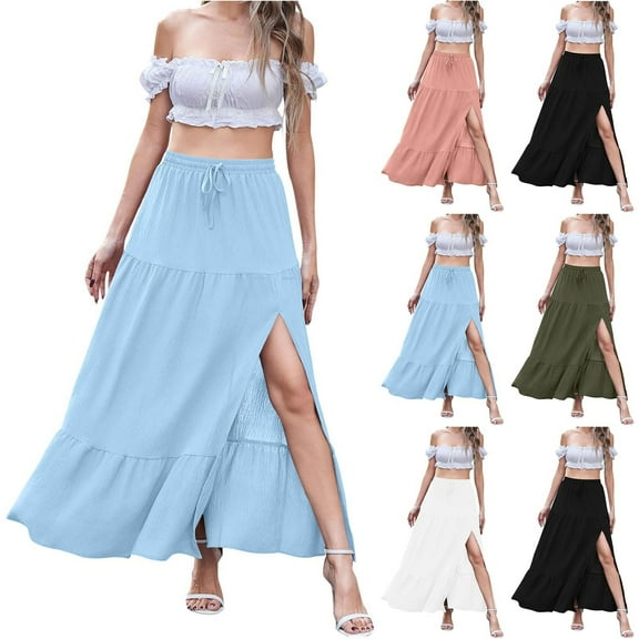 Jinhomg Side Split Long Skirts for Women Flowy Swing Tiered Maxi Skirt Plus Size Elastic Waist A-Line Pleated Skirts Casual Loose Vacation Boho Skirts Black S