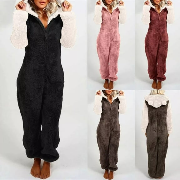 Jinhomg Soft Fleece Onesies for Women Cute Block Color Bear Ear Hooded Jumpsuit Fall Winter Fuzzy Comfy Long Sleeve One Piece Pajamas 90 Percent off Clearance Wine M