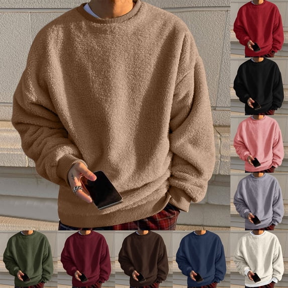 Jinhomg Soft Fleece Pullover for Men Thermal Comfy Long Sleeve Crew Neck Sweatshirts Casual Solid Color Winter Spring Tops Daily Wear Limited Time White S