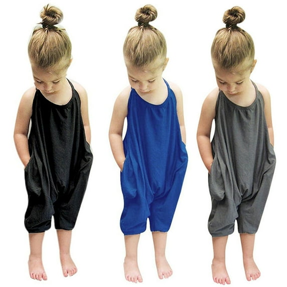 Jinhomg Soft Overalls for Baby Girl Lightweight Comfy Cotton Overalls Toddler Kids Casual Solid Sleeveless Onesie Capri Pants with Pockets Black 2-3 Years