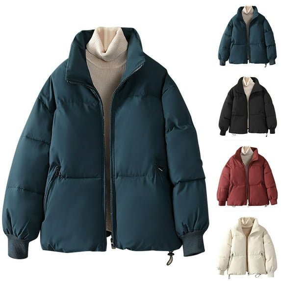 Jinhomg Solid Puffer Jacket for Women Fall Winter Thermal Full-Zip Mock Neck Padded Coats Casual Comfy Long Sleeve Quilted Jacket With Zipper Pockets Summer Saving Red M