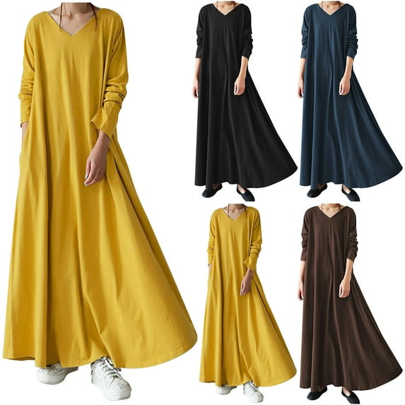 Jinhomg Spring Dresses for Women 2025 Casual Long Sleeve Maxi Dress Trendy V Neck Vacation Dresses Elegant Boho Beach Dresses Limited Time Deal Yellow L