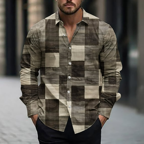 Jinhomg Spring Shirt for Men 2025 Trendy Plaid Printed Casual Shirts Regular Fit Comfy Long Sleeve Button Down Shirts Daily Wear 90 off Clearance Sale Gray L