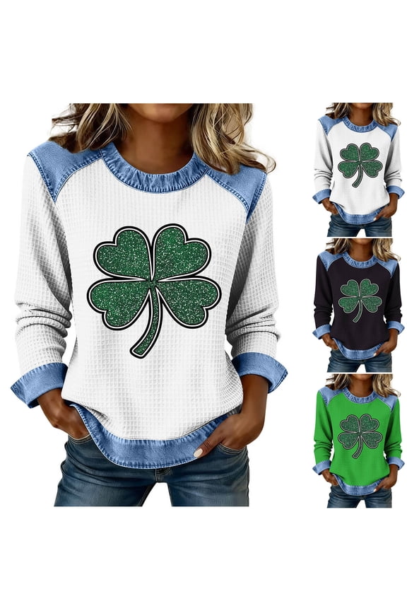 St Patrick's Day Sweatshirt Womens Holiday Tops Long Sleeve Waffle Knit Shamrock Sweatshirts with Denim Trim White M