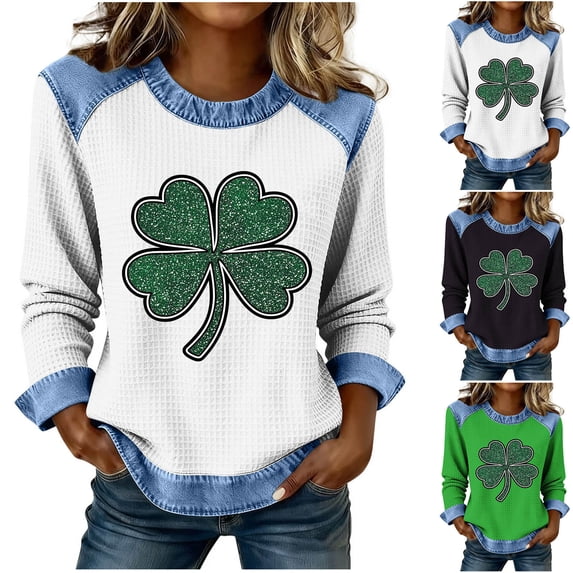 Jinhomg St Patricks Day Shirt Women Waffle Denim Patchwork Tops Crew Neck Graphic Pullover Shirts Loose Fit Casual Tshirts Green S