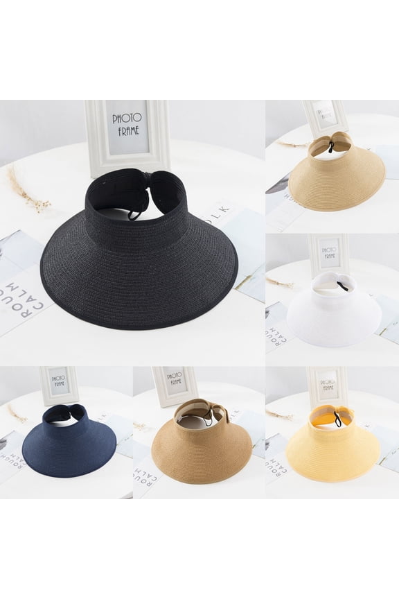 Straw Sun Visors for Women Casual Wide Brim Roll-Up Sun Hat Lightweight Comfy Topless Summer Beach Hat,Packable Travel Hat UV Protection Holiday Sales Khaki Free