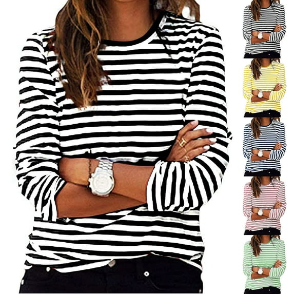 Jinhomg Striped Long Sleeve Shirts for Women Crewneck Casual Loose Tunic Tops Color Block Blouses Fall Pullover Pink,XL