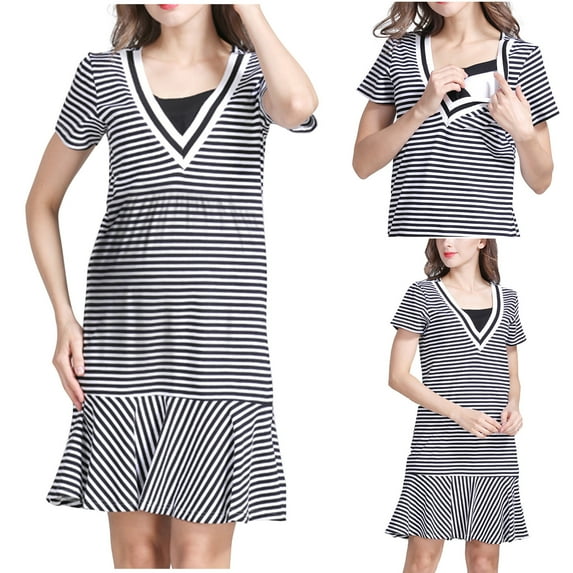 Jinhomg Striped Pregnancy Dress for Women Casual Comfy Short Sleeve Ruffle Hem Midi Dress Fall Lightweight Maternity Dress for Breastfeeding Black XL