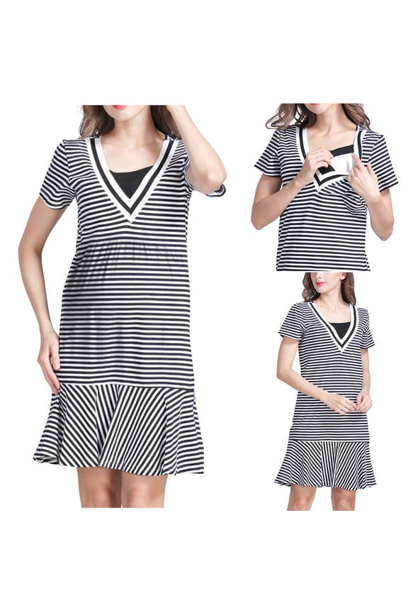 Striped Pregnancy Dress for Women Casual Comfy Short Sleeve Ruffle Hem Midi Dress Fall Lightweight Maternity Dress for Breastfeeding Black M