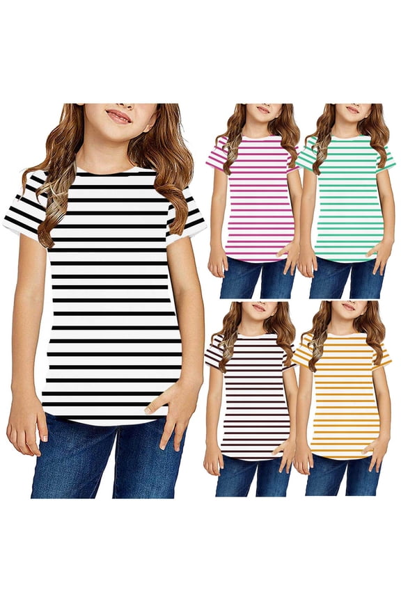 Striped Shirt for Girls Casual Loose Short Sleeve Crew Neck Tunic Tops Toddler Kids Lightweight Comfy Spring Summer Blouses Pink 4-5 Years