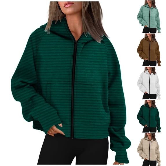 Jinhomg Striped Sweatshirt for Women 2025 Casual Comfy Zip Up Hoodies Fall Winter Long Sleeve Jacket with Pockets Seasonal Sale Green L