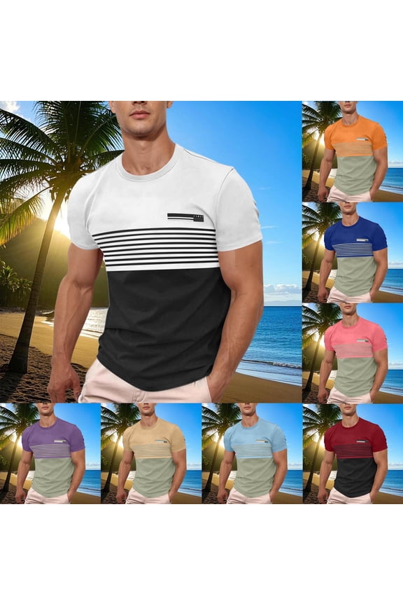 Striped T-Shirts Men Crewneck Short Sleeve Workout Tshirts Color Block Graphic Tee Shirts Muscle Summer Tops for Sports Casual Purple,M