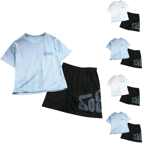 Jinhomg Summer Athletic Outfits Kids Breathable Comfy Short Sleeve T-Shirts with Elastic Waist Shorts 2 Piece Quick Dry Sportswear for Running Basketball Blue 3 Years