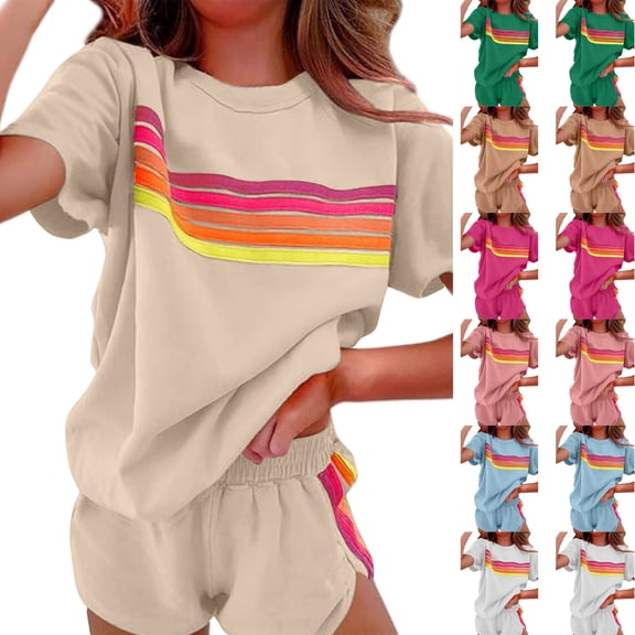 Jinhomg Summer Athletic Outfits for Women 2 Piece Casual Color Block Short Sets Lightweight Comfy Short Sleeve Crew Neck Tees with Elastic Waist Shorts Khaki S