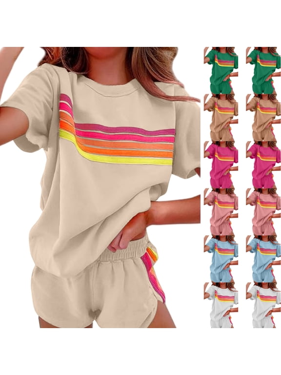 Summer Athletic Outfits for Women 2 Piece Casual Color Block Short Sets Lightweight Comfy Short Sleeve Crew Neck Tees with Elastic Waist Shorts Khaki S