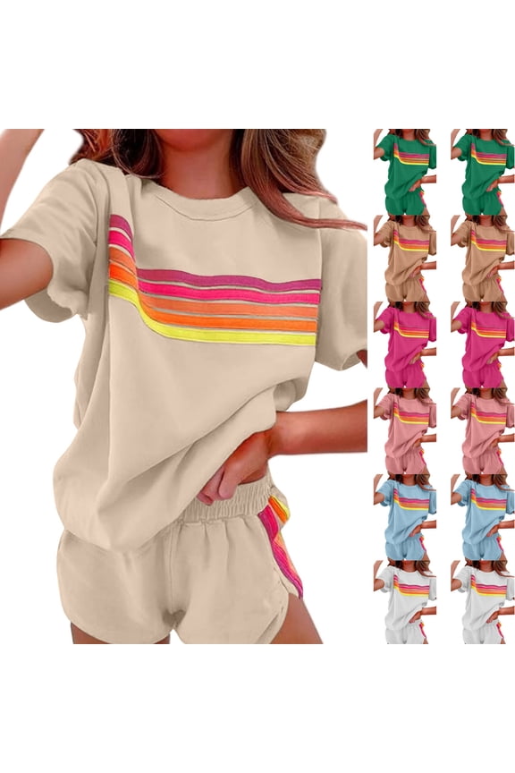 Summer Athletic Outfits for Women 2 Piece Casual Color Block Short Sets Lightweight Comfy Short Sleeve Crew Neck Tees with Elastic Waist Shorts Pink M