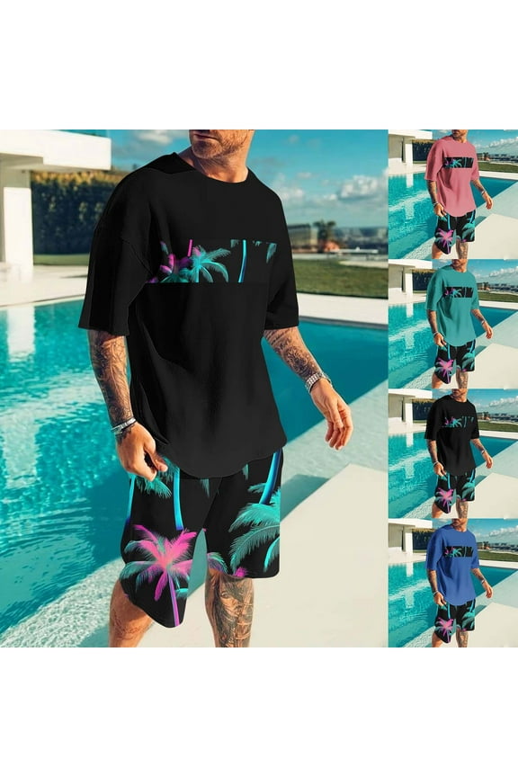 Summer Beach Outfits for Men 2025 Hawaiian Palm Tree Print T-Shirts with Shorts Sets 2 Piece Lightweight Comfy Holiday Vacation Outfits Pink XXL