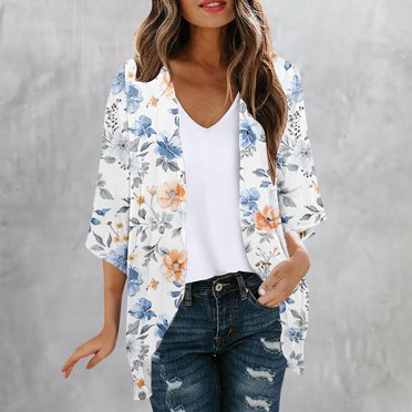 Jinhomg Summer Cardigan for Women Open Front Chiffon Beach Cover Ups 2025 Trendy 3/4 Sleeve Floral Graphic Kimono Cardigans Lightweight Hawaiian Outwear Multicolor XXXXXL