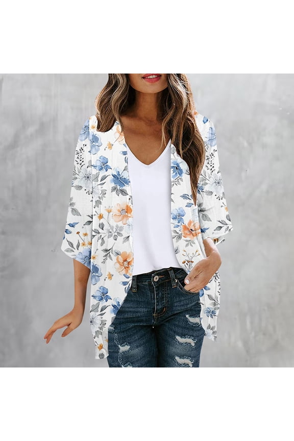 Summer Cardigan for Women Open Front Chiffon Beach Cover Ups 2025 Trendy 3/4 Sleeve Floral Graphic Kimono Cardigans Lightweight Hawaiian Outwear Multicolor S