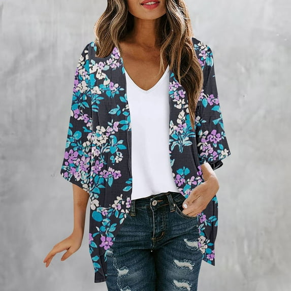 Jinhomg Summer Cardigan for Women Open Front Chiffon Beach Cover Ups 2025 Trendy 3/4 Sleeve Floral Graphic Kimono Cardigans Lightweight Hawaiian Outwear Purple XL