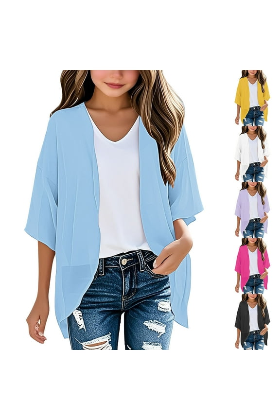Summer Cardigans for Girls Lightweight Open Front Chiffon Jacket Casual Loose Long Sleeve Solid Cardigan Vacation Beach Outerwear Purple 140