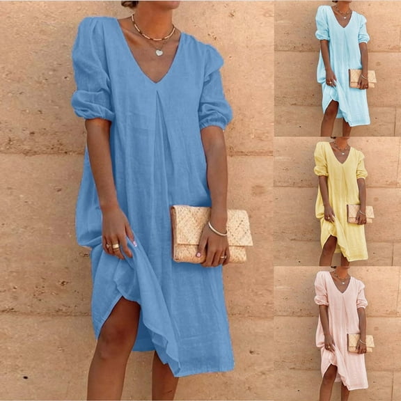 Jinhomg Summer Cotton Linen Dress for Ladies Womens Casual Solid Midi Dress Comfy Half Sleeve V-Neck T-Shirt Dress Fashion Boho Dress Orange XXL