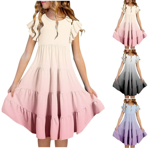 Jinhomg Summer Dress for Girls 2025 Trendy Gradient Color Tiered Dresses Flowy Comfy Short Ruffle Sleeve Midi Dresses Spring Daily Wear Winter Saving Black 12 Years