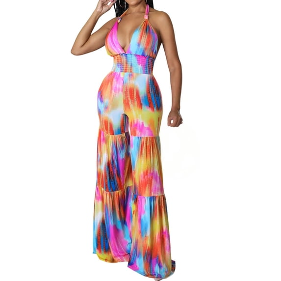 Jinhomg Summer Halter Jumpsuits for Women Boho V Neck Backless One Piece Tiered Wide Leg Long Pants Romper Multicolor S