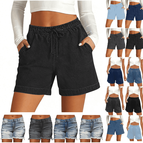 Jinhomg Summer Jean Shorts for Women Drawstring Elastic Wasit Cotton Denim Shorts High Waisted Pull On Stretchy Shorts with Pockets Black,XXXL