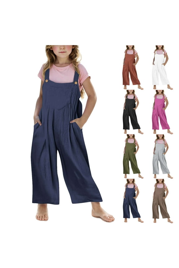 Summer Jumpsuit for Kids Relaxed Fit Comfortable Solid Onesie Overalls Girls Casual Sleeveless Wide Leg Bib Pants with Pockets Holiday Clearance Sale White 7 Years