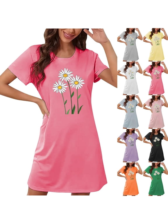 Summer Lounge Dress for Women Cute Floral Graphic Midi T Shirt Dress Casual Loose Short Sleeve Crew Neck Nightgown Yellow XXL