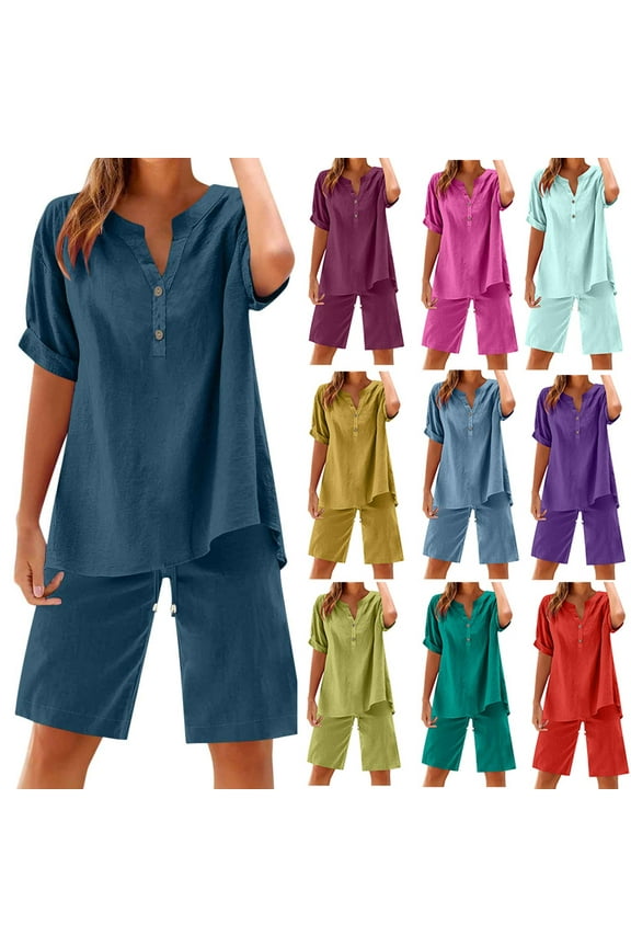Summer Outfits for Women Cotton Linen 2 Piece Lounge Sets Short Sleeve Shirts And Wide Leg Shorts Tracksuits Purple,L