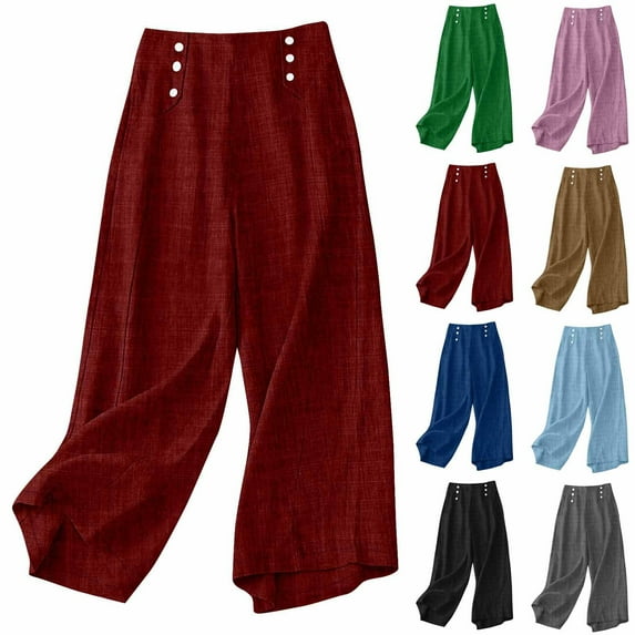 Jinhomg Summer Pants for Women 2025 Trendy Wide Leg Linen Pants Casual Solid Color Elastic Waist Pants Baggy Comfy Lounge Trousers Green M