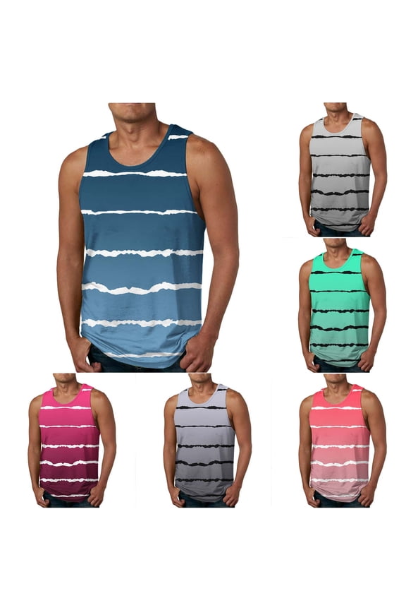 Summer Tank Tops for Men Trendy Gradient Striped Print Casual Vest Lightweight Comfy Sleeveless Crew Neck Undershirt Daily Wear Gray M