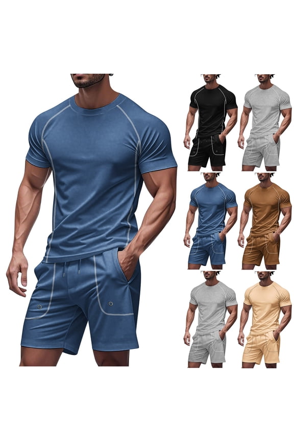 Summer Track Suits for Men Set Muscle Fit Short Sleeve Crew Neck Tops with Elastic Drawstring Waist Shorts 2 Piece Gym Workout Sportswear Black S