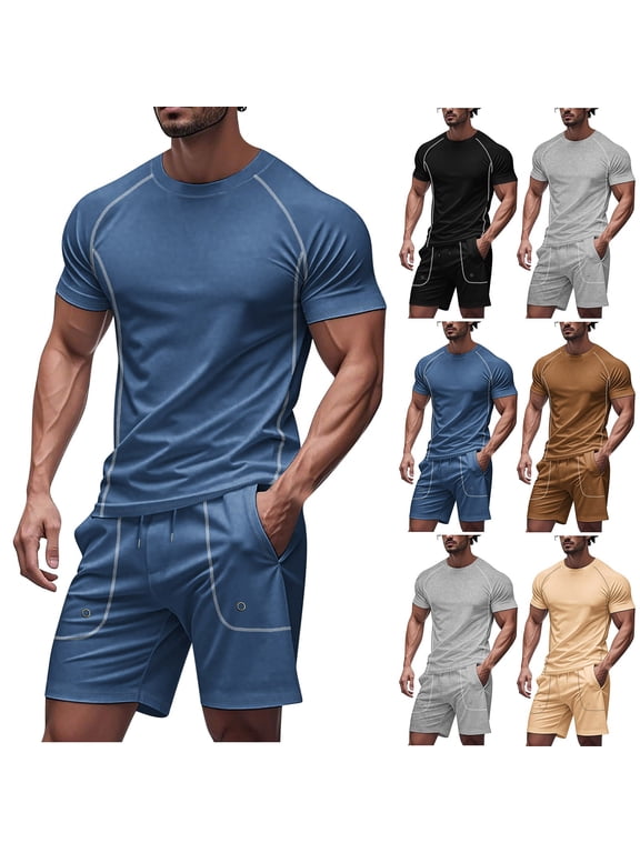 Summer Track Suits for Men Set Muscle Fit Short Sleeve Crew Neck Tops with Elastic Drawstring Waist Shorts 2 Piece Gym Workout Sportswear Brown M