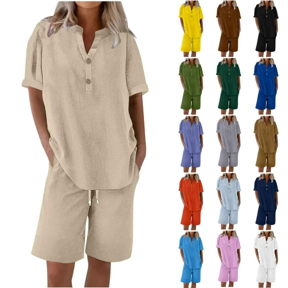 Jinhomg Summer Vacation Outfits for Women Casual Button V-Neck Roll Up Sleeve Shirts with Drawstring Waist Shorts Plus Size Comfy Going Out Wear Black XXL