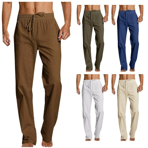 Jinhomg Summer Yoga Pants for Men Breathable Comfy Cotton Linen Pants Casual Loose Solid Elastic Drawstring Waist Trousers Summer Beachwear Clearance Items for Men L