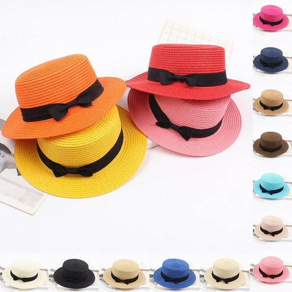 Jinhomg Sun Hat Bowknot Straw Hat for Women Lightweight Casual Wide Brim Boater Hat Foldable Breathable Flat Top Beach Hats UV Protection Holiday Saving Black