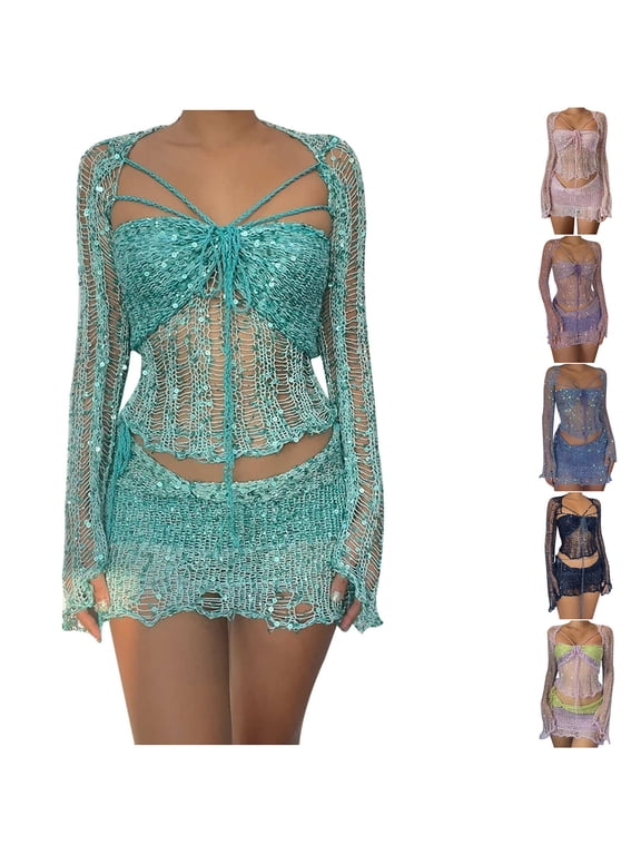 Sweater Set for Women Trendy Long Sleeve Crop Top with Mini Skirt Knitted Teens Sets 2 Piece Y2K Sequin Sparkle Outfits Women Sky Blue S