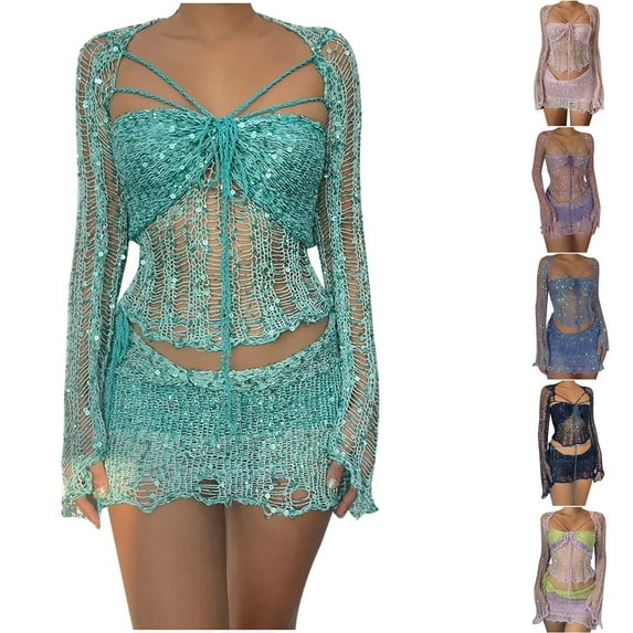 Jinhomg Sweater Set for Women Trendy Long Sleeve Crop Top with Mini Skirt Knitted Teens Sets 2 Piece Y2K Sequin Sparkle Outfits Spring Saving Blue M