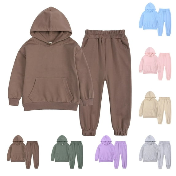 Jinhomg Sweatsuit for Kids Boy 2 Piece Cute Solid Outfit Set Casual Comfy Long Sleeve Crewneck Hooded Sweatshirt with Elastic Waist Pants Fall Saving Beige 10-11 Years