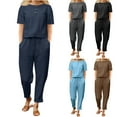 thumbnail image 1 of Jinhomg Sweatsuits for Women Sets 2 Piece Outfits Fashion Solid Color Matching Set Short Sleeve O Neck Tops And Pants Black,S, 1 of 7