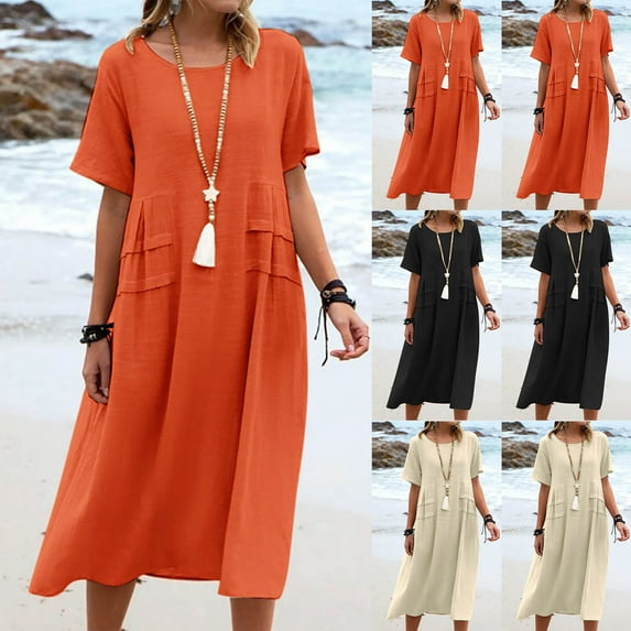 Jinhomg T-Shirt Dresses for Women Plus Size Comfy Cotton Linen Maxi Dress 2025 Casual Solid Short Sleeve Vacation Beach Dresses Orange M