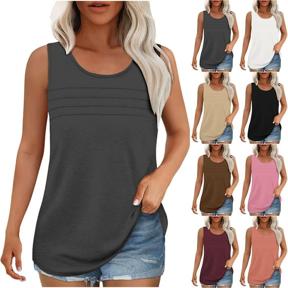 Jinhomg Tank Top for Women Dressy Casual Scooped Neck Pleated Front Shirts Lightweight Comfy Sleeveless Blouses Loose Fit Solid Summer Outfits Spring Saving Khaki S