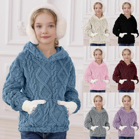 Jinhomg Teen Girls Fuzzy Fleece Hoodies Cable Knit Pullover Warm Sherpa Sweatshirt Fall Winter Soft Cozy Y2K Hoodie Tops with Pockets 10-11 Years