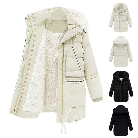 Jinhomg Thick Hooded Coat for Women Soft Cozy Fleece Lined Puffer Jacket Winter Plus Size Thermal Long Sleeve Double Closure Outerwear with Multi Pockets Limited Time 90 off Clearance Sale White XXL